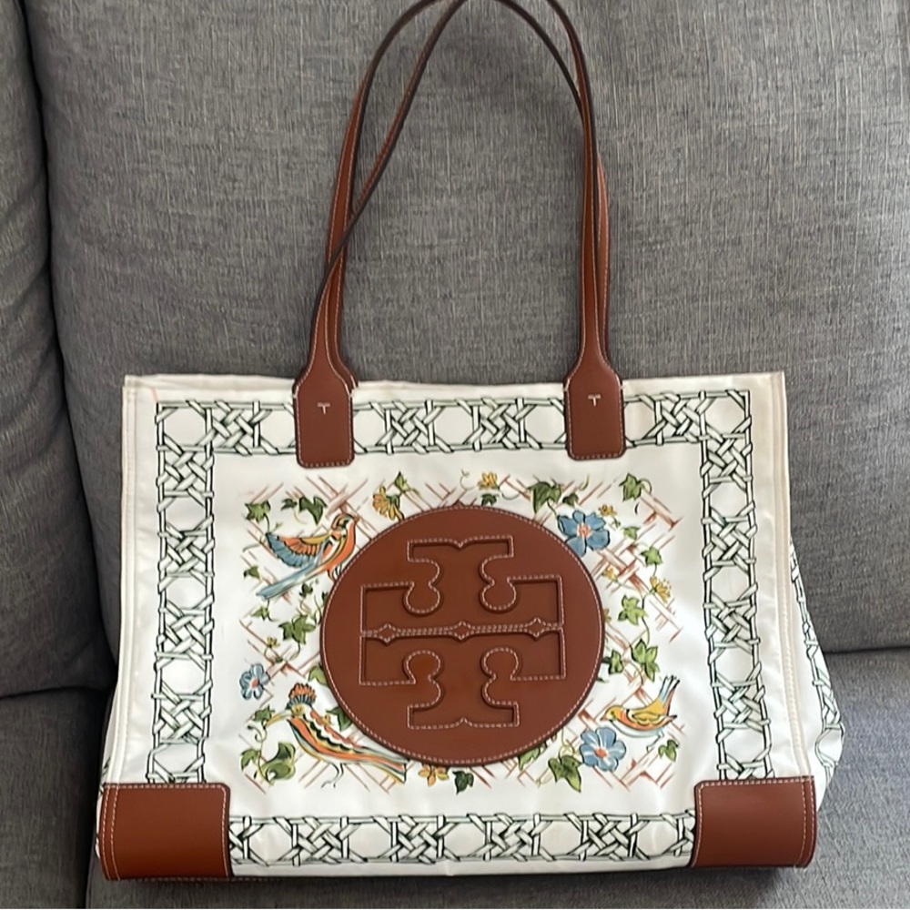Tory Burch Saffiano Floral White and Brown Tote